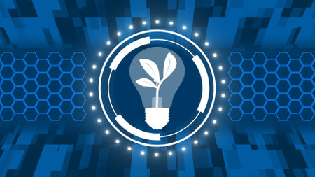 Green energy renewable eco saving ecology concept - plant in lightbulb inside HUD elements on digital technology background - 3D illustrationの写真素材
