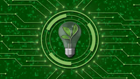 Green energy renewable eco saving ecology concept - plant in lightbulb inside HUD elements on digital technology background - 3D illustrationの写真素材