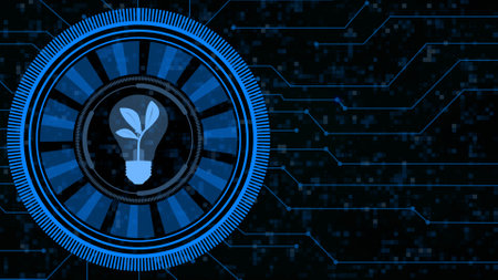 Green energy renewable eco saving ecology concept - plant in lightbulb inside HUD elements on digital technology background - 3D illustrationの写真素材