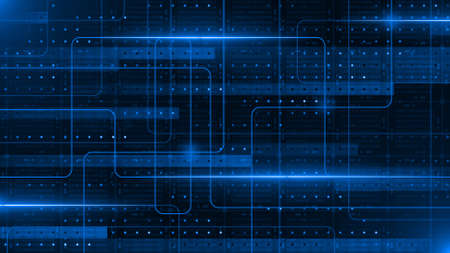 Information technology concept in blue design - graphic elements over blocks of binary code arranged as a square grid - 3D illustrationの写真素材
