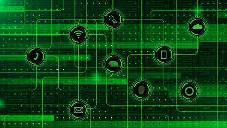 Information technology concept in green design - graphic elements over blocks of binary code...