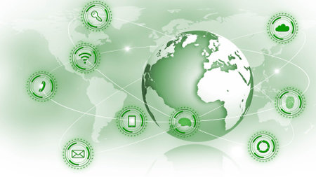 Global information technology concept - connected graphic elements around earth globe over world map background - 3D illustrationの写真素材