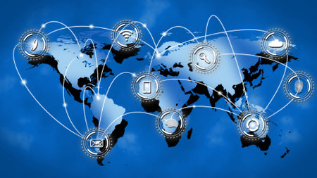 Global information technology concept - connected graphic elements arranged over world map - 3D illustrationの写真素材