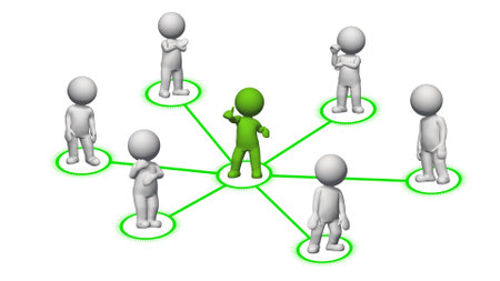Small 3D people - green leader in the middle connected with the group - team management and community concept - 3D illustrationの写真素材