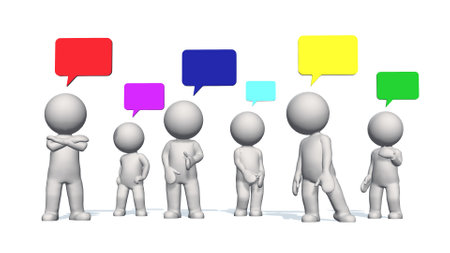 Small 3D people with colored speech bubbles - 3D illustrationの写真素材