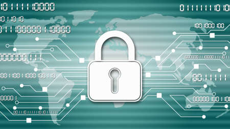 Security technology concept - padlock binary code information connecting lines world map - 3D Illustrationの写真素材