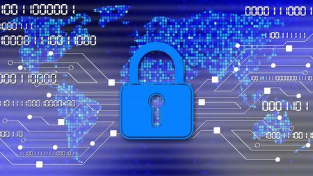 Security technology concept - padlock binary code information connecting lines world map - 3D...