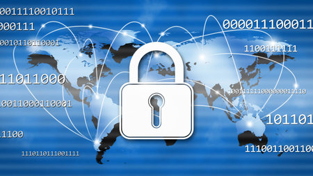 Security technology concept - padlock binary code information connecting lines world map - 3D...