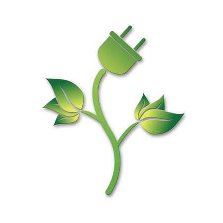 Electric plug icon with green leaves. Renewable energy concept, alternative green nature energy - isolated on white background - 3D Illustrationの写真素材