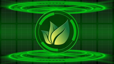 Abstract 3D graphic illustration for green energy concept - green leaves in circle frame between HUD elements - 3D Illustrationの写真素材