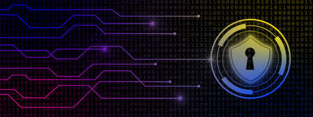 Protective Shield - symbol on button with information connecting lines on binary code background - technology and automation concept - 3D Illustrationの写真素材