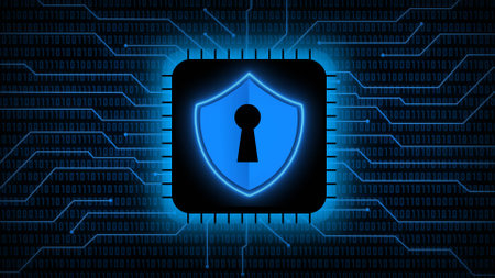 Protective Shield on chip sensor - abstract background in green of blurred binary code behind information connecting lines - 3D Illustrationの写真素材