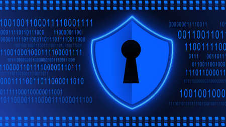 Protective Shield element on binary code background - blue banner design - data internet technology network concept - 3D Illustrationの写真素材