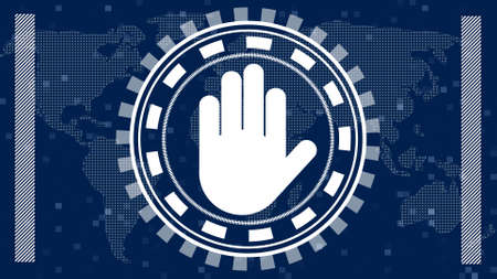 Hand sign STOP in center of various graphic elements on background off blurred squares and world map - 3D illustrationの写真素材