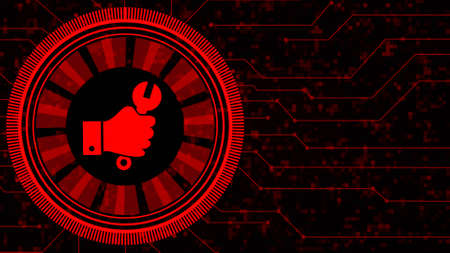 Hand with wrench in center of various graphic elements on digital technology background - 3D illustrationの写真素材