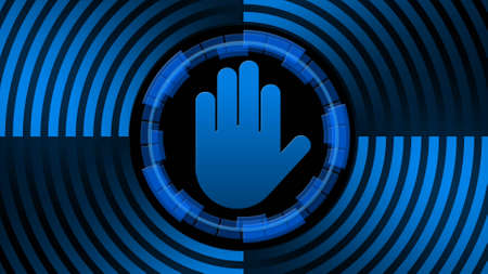 Hand sign stop in center of circular lines in blue color - 3D illustrationの写真素材