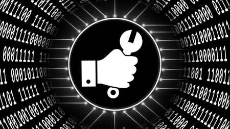 Hand with wrench in center of abstract futuristic background of data flow - binary code arranged in cylinder shape - 3D Illustrationの写真素材