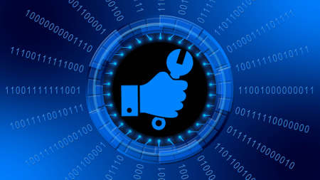 Hand with wrench centered in rays of binary code around HUD elements in blue design - symbolic of installwork - 3D illustrationの写真素材