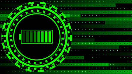 Electrical energy and power supply source concept - accumulator battery in charging level on abstract graphic background of square blocks in green colors - 3D illustrationの写真素材