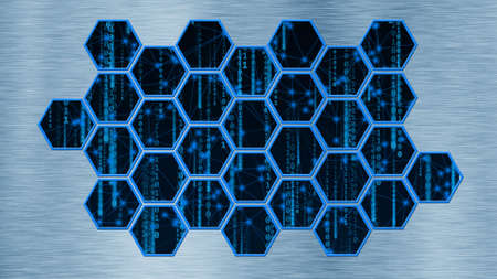 Abstract technology background with lines of binary code visible behind a mosaic of hexagons - 3D illustrationの写真素材