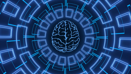 Technology background - Brain surrounded by graphic elements in blue - 3D Illustration