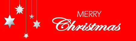 Merry Christmas greeting banner - text in white color and hanging stars on string - 3D Illustrationの写真素材