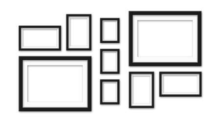 Dark photo frames on white background - Realistic empty photo frames of different size and shape - Mockups for gallery, exhibitions, photo borders - 3D Illustrationの写真素材
