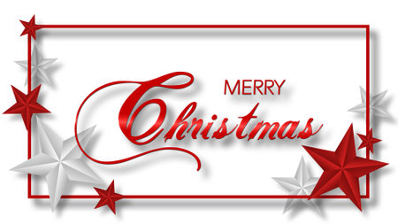 Christmas of paper craft design, red and white stars on white frame, white background with Merry Christmas text in middle - 3D Illustrationの写真素材