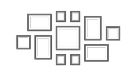 Dark photo frames on white background - Realistic empty photo frames of different size and shape - Mockups for gallery, exhibitions, photo borders - 3D Illustrationの写真素材