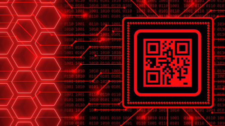 Image of QR code on abstract background of 4-digit binary code behind information connecting lines and honeycomb elements - 3D Illustrationの写真素材
