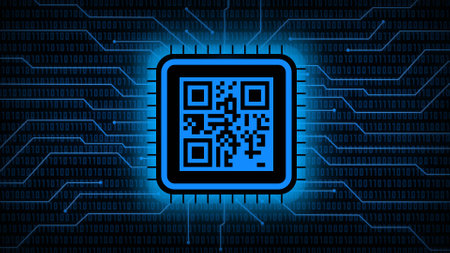Image of QR code in the middle on abstract background of blurred binary code behind information connecting lines - 3D illustrationの写真素材