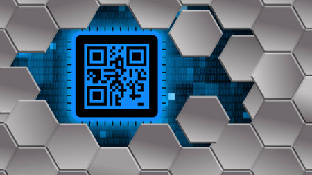 Image of QR code behind a cutout of a mosaic of hexagons - 3D Illustrationの写真素材