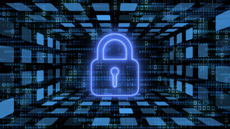 Data security technology concept with padlock symbol against a futuristic digital background - 3D Illustrationの写真素材