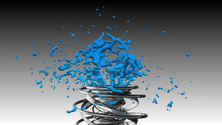 Liquid splash in blue from metal element on gray gradient background - 3D Illustration
