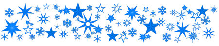 Christmas decoration in blue on banner - different snowflakes and ice stars on white background - 3D Illustrationの写真素材