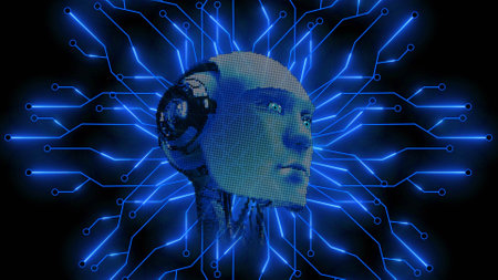 AI or artificial intelligence - Abstract 3D robotic head in futuristic digital circuit technology background - 3D Illustrationの写真素材