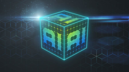 Cube with inscription AI - Concept of Visualization of Artificial Intelligence on blue cube background - 3D Illustrationの写真素材