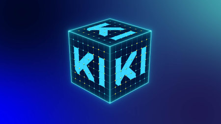 Cube with inscription KI - Concept of Visualization of Artificial Intelligence (in german Artificial Intelligence) on blue background - 3D Illustrationの写真素材
