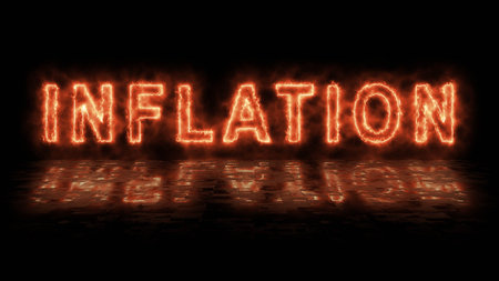 INFLATION - flamed lettering on dark background with reflections on the floor - 3D Illustration