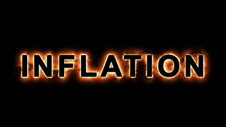 INFLATION - lettering with flame and explosion effect on dark background - 3D Illustrationの写真素材