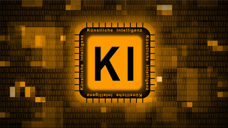 Artificial intelligence (in german Artificial Intelligence) KI lettering on chip - orange abstract background of blurred binary code - technology concept - 3D Illustrationの写真素材