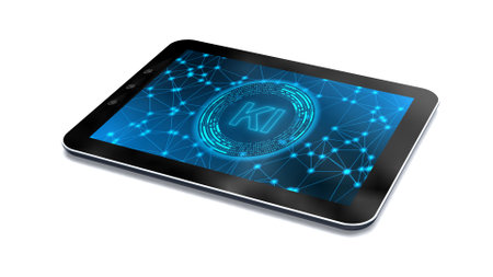 KI lettering on tablet pc isolated on white background - artificial intelligence technology concept - 3D Illustrationの写真素材