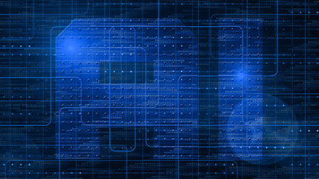 AI lettering in center of various graphic elements on blue digital technology background - artificial intelligence concept -3D Illustrationの写真素材