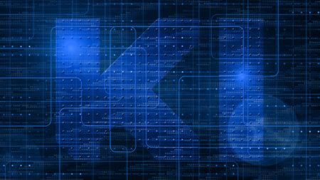 KI lettering in center of various graphic elements on blue digital technology background - artificial intelligence concept -3D Illustrationの写真素材