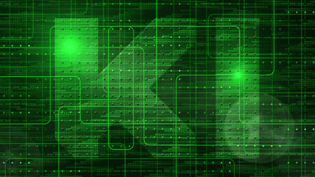 KI lettering in center of various graphic elements on green digital technology background - artificial intelligence concept -3D Illustrationの写真素材