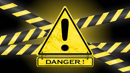 DANGER lettering on warning sign with caution tapes in black yellow color - 3D Illustration