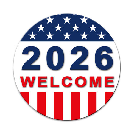 WELCOME 2026 in United States - graphic with flag for Year Change in circle shape - 3D illustration