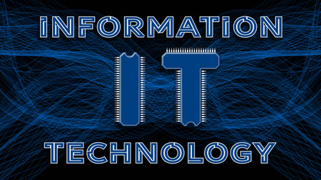 IT - Information Technology. The letters I and T in the form of microchips to the abbreviation IT on black background with grid waves - 3D Illustrationの写真素材