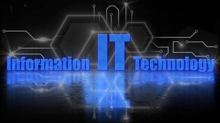 IT - Information Technology blue lettering with reflection effects on a structured surface - 3D Illustrationの写真素材