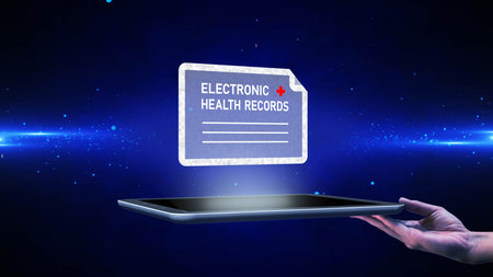 Electronic Health Records EHR - Digital solutions for Electronic Health Records. Futuristic representation - hand with tablet presents a holographic display of EHR technologyの写真素材